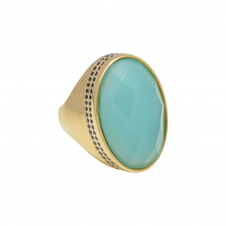 Anel Fane's Pedra Natural Àgata Azul Céu Zircônia Metal Dourado