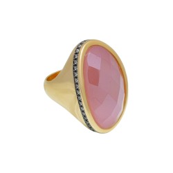 Anel Fane's Pedra Natural Turmalina Rosa Zircônias Metal Dourado