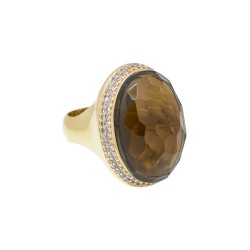 Anel Fane's Pedra Natural Cristal Mocca Zircônia Metal Dourado