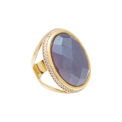 Anel Fane's Pedra Natural Cristal Ametista Zircônia Metal Dourado