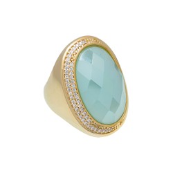 Anel Fane's Pedra Natural Àgata Azul Céu Zircônia Metal Dourado