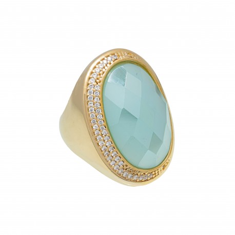 Anel Fane's Pedra Natural Àgata Azul Céu Zircônia Metal Dourado