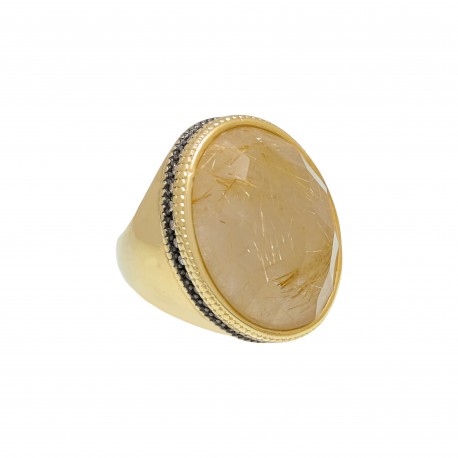 Anel Fane's Pedra Natural Quartzo Rutilado Zircônia Metal Dourado