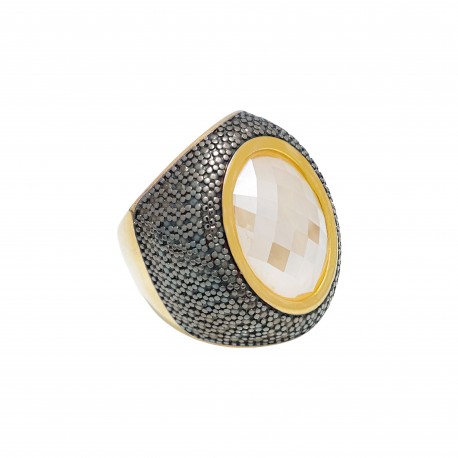 Anel Fane's Pedra Natural Cristal Perolado Metal Dourado
