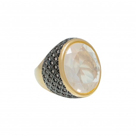 Anel Fane's Pedra Natural Cristal Perolado Zircônia Metal Dourado