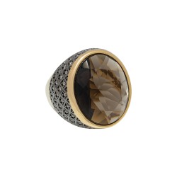 Anel Fane's Pedra Natural Cristal Mocca Zircônia Metal Dourado