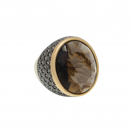 Anel Fane's Pedra Natural Cristal Mocca Zircônia Metal Dourado