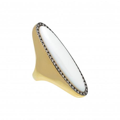 Anel Fane's Pedra Natural Àgata Branca Zircônia Metal Dourado