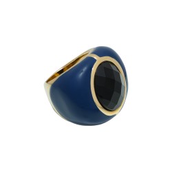 Anel Fane's Pedra Natural Onix Esmaltado Marinho Metal Dourado