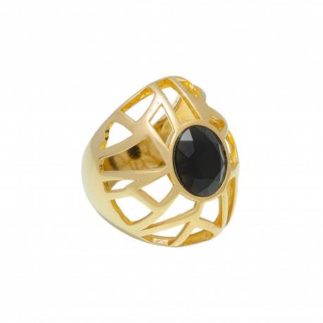 Anel Fane's Pedra Natural Onix Metal Dourado