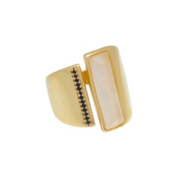 Anel Fane's Pedra Natural Quartzo Leitoso Zircônia Metal Dourado