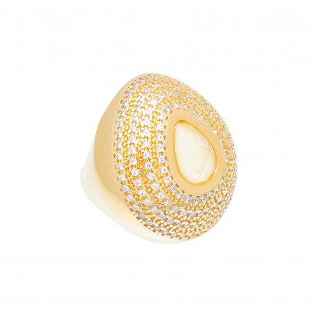 Anel Fane's Pedra Natural Quartzo Leitoso Zircônia Metal Dourado