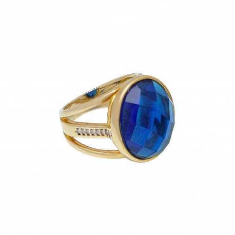 Anel Fane's Pedra Natural Cristal Lápis Lazuli Zircônia Dourado
