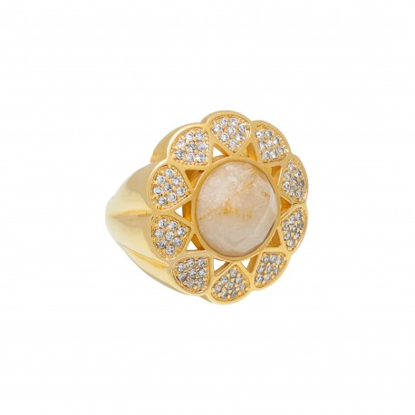 Anel Fane's Pedra Natural Quartzo Rutilado Zircônia Metal Dourado