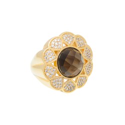Anel Fane's Pedra Natural Cristal Mocca Zircônia Metal Dourado