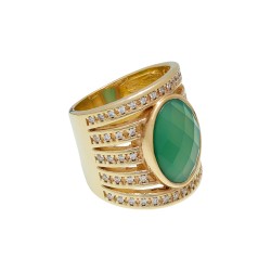 Anel Fane's Pedra Natural Àgata Esmeralda Zircônia Metal Dourado