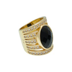 Anel Fane's Pedra Natural Onix Zircônia Metal Dourado
