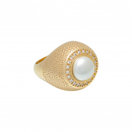 Anel Fane's Pérola Chaton Zircônia Metal Dourado