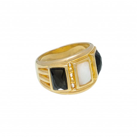 Anel Fane's Pedra Natural Onix Quartzo Branco Metal Dourado