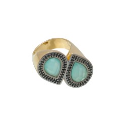 Anel Fane's Pedra Natural Àgata Azul Céu Zircônia Metal Dourado