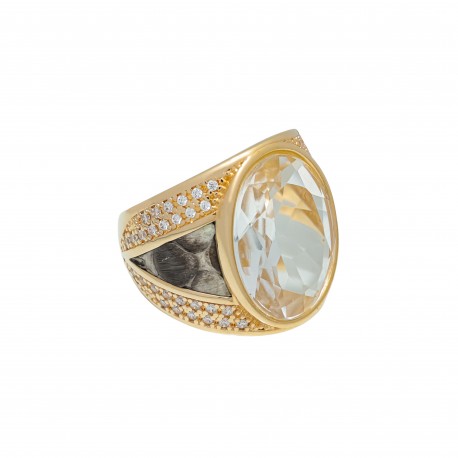 Anel Fane's Pedra Natural Cristal Transparente Zircônia Dourado