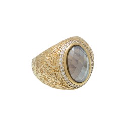 Anel Fane's Pedra Natural Cristal Fumê Zircônia Metal Dourado