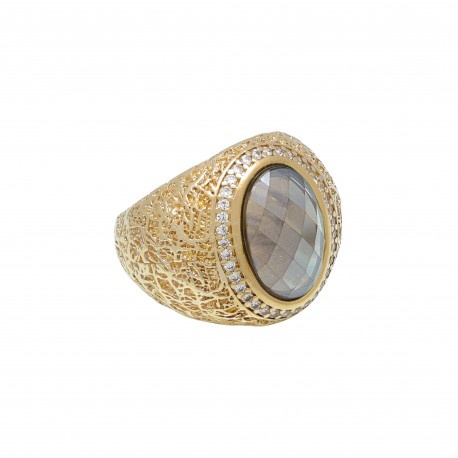 Anel Fane's Pedra Natural Cristal Fumê Zircônia Metal Dourado