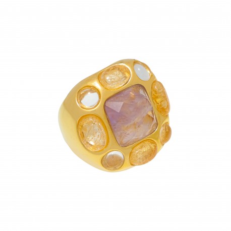 Anel Fane's Pedra Natural Amestista Citrino Metal Dourado