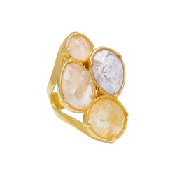 Anel Fane's Pedra Natural Citrino Amestista Metal Dourado