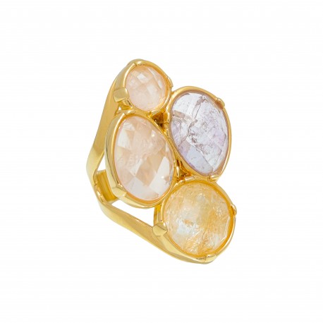 Anel Fane's Pedra Natural Citrino Amestista Metal Dourado