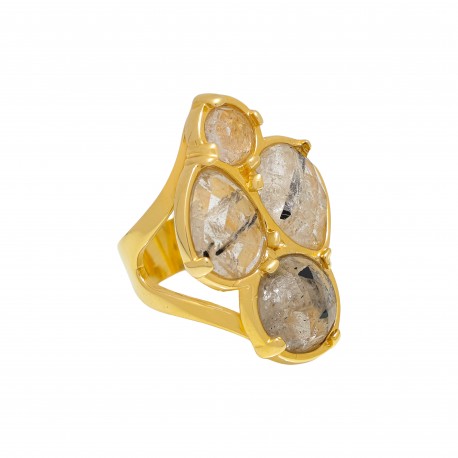 Anel Fane's Pedra Natural Quartzo Rutilado Preto Metal Dourado