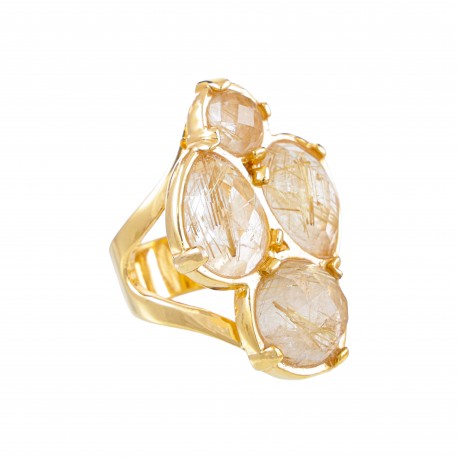 Anel Fane's Pedra Natural Quartzo Rutilado Metal Dourado