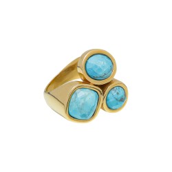 Anel Fane's Pedra Natural Howlita Turquesa Metal Dourado