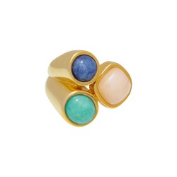 Anel Fane's Pedra Natural Quartzo Sodalita Jaspe Metal Dourado
