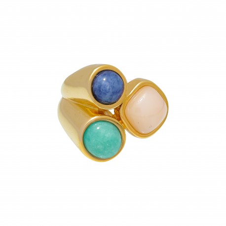 Anel Fane's Pedra Natural Quartzo Sodalita Jaspe Metal Dourado