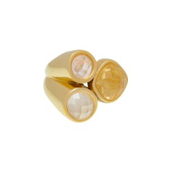 Anel Fane's Pedra Natural Citrino Quartzo Leitoso Metal Dourado