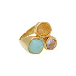Anel Fane's Pedra Natural Àgata Ametista Citrino Metal Dourado