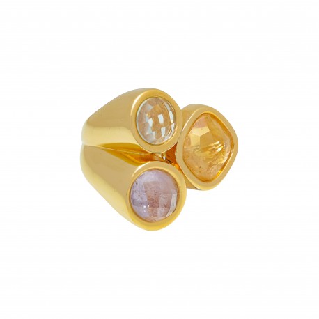 Anel Fane's Pedra Natural Àgata Ametista Citrino Metal Dourado