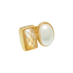Anel Fane's Pedra Natural Citrino Amarelo Pérola Metal Dourado