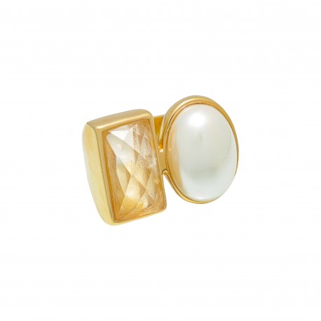 Anel Fane's Pedra Natural Citrino Amarelo Pérola Metal Dourado