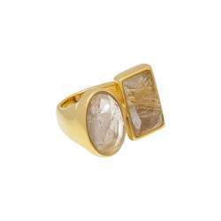 Anel Fane's Pedra Natural Quartzo Rutilado Metal Dourado