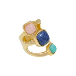 Anel Fane's Pedra Natural Quartzo Sodalita Jaspe Metal Dourado