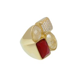 Anel Fane's Pedra Natural Quartzo Rutilado Cristal Metal Dourado