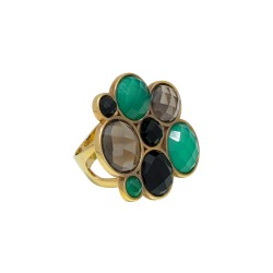 Anel Fane's Pedra Natural Onix Cristal Verde Mocca Metal Dourado