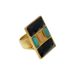 Anel Fane's Pedra Natural Onix Quartzo Rutilado Àgata Dourado