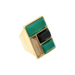 Anel Fane's Pedra Natural Onix Quartzo Rutilado Àgata Dourado