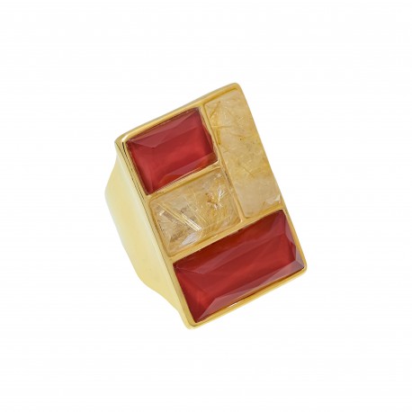 Anel Fane's Pedra Natural Quartzo Rutilado Rubi Metal Dourado