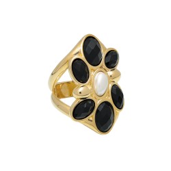 Anel Fane's Pedra Natural Onix Pérola Metal Dourado