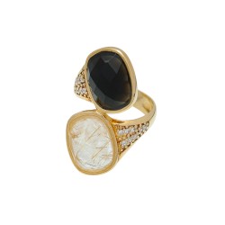 Anel Fane's Pedra Natural Onix Rutilado Zircônia Metal Dourado