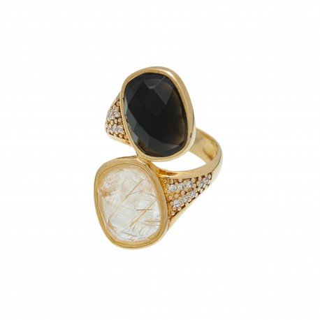 Anel Fane's Pedra Natural Onix Rutilado Zircônia Metal Dourado